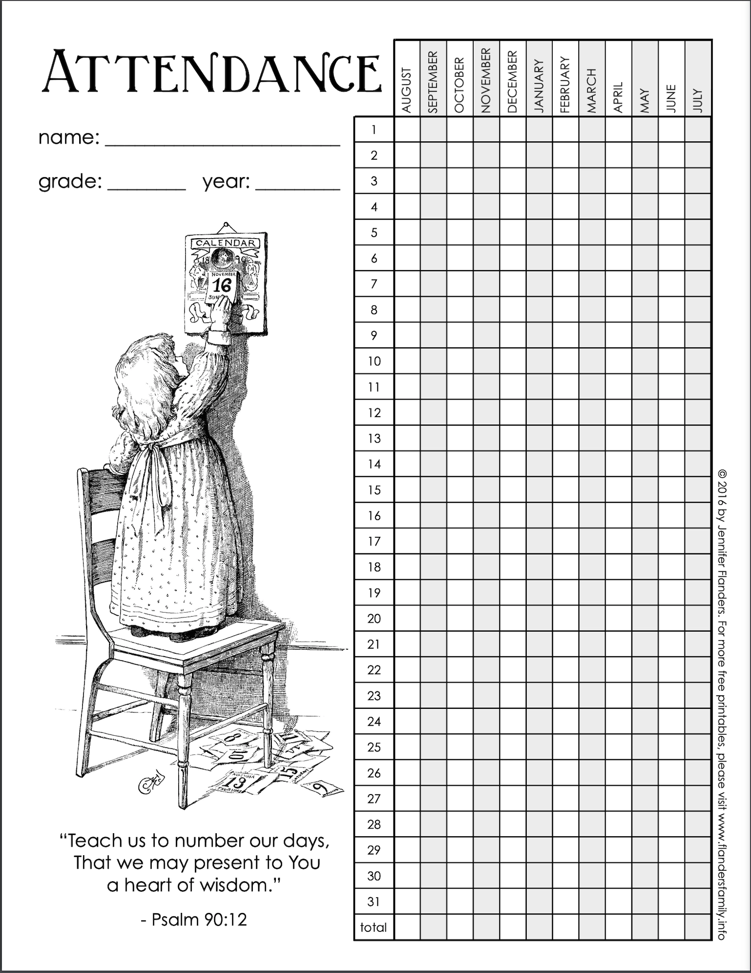 Free Printable Attendance Record Academic Calendar Flanders Family Home Life