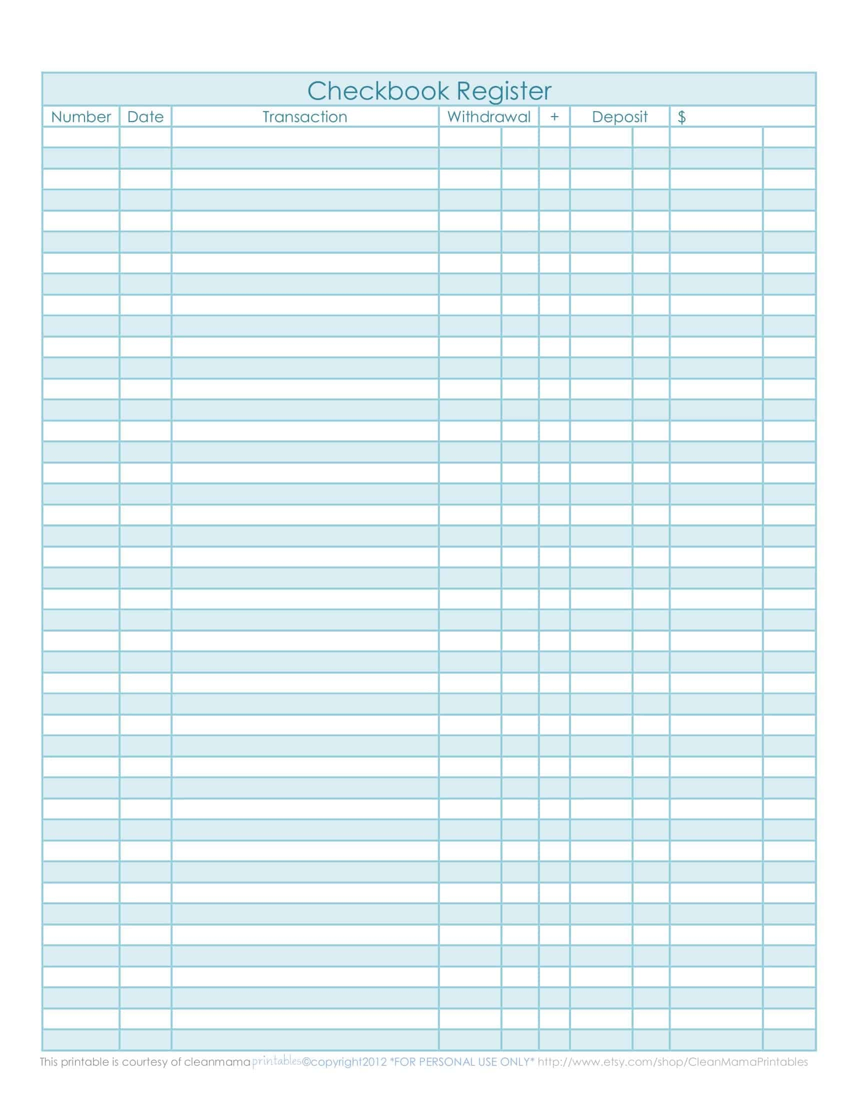 Free Printable Checkbook Register Templates PDF Excel 