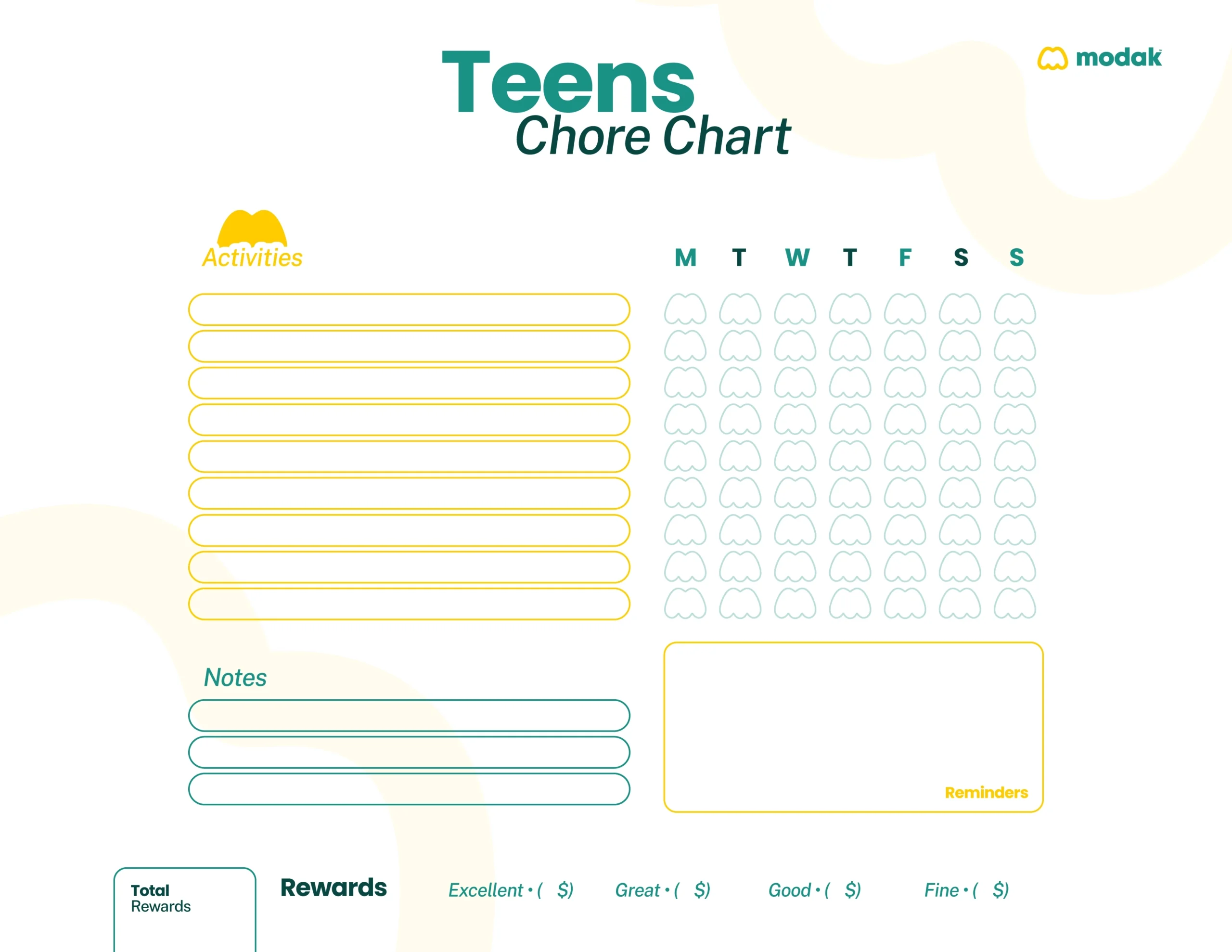 Chore Chart Teenages Free Printable