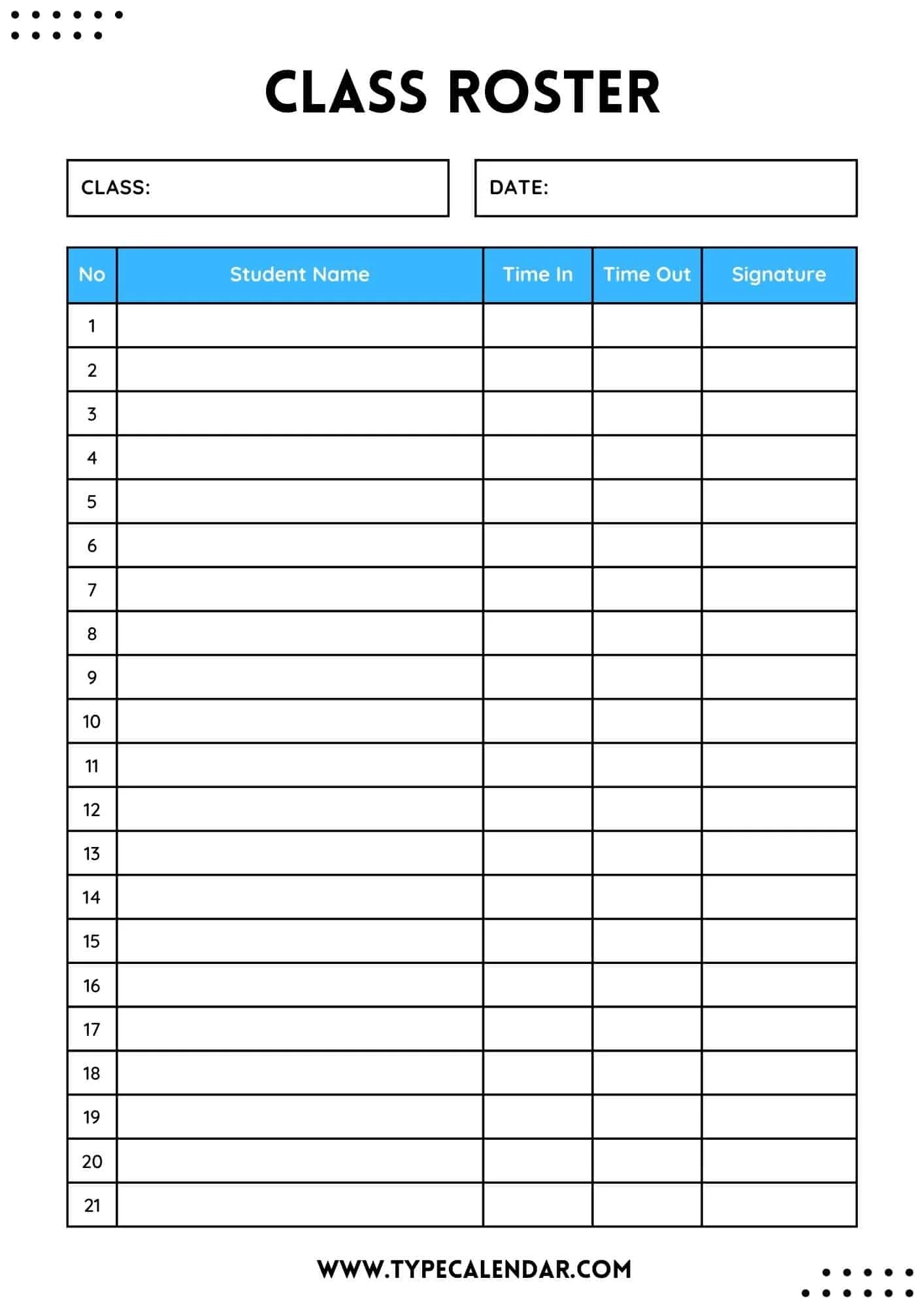 Free Printable Class Roster Templates Excel Word PDF Editable