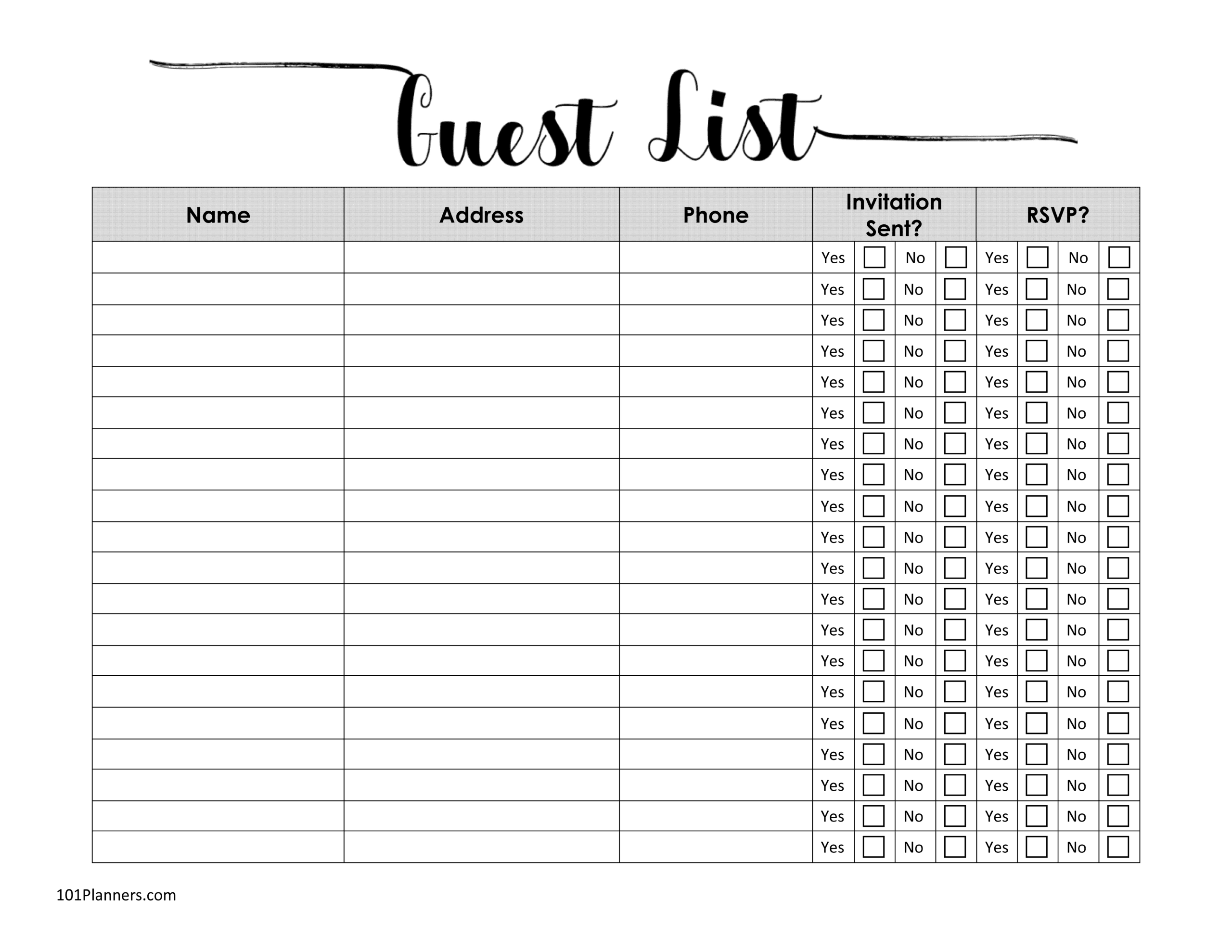 Free Printable Guest List