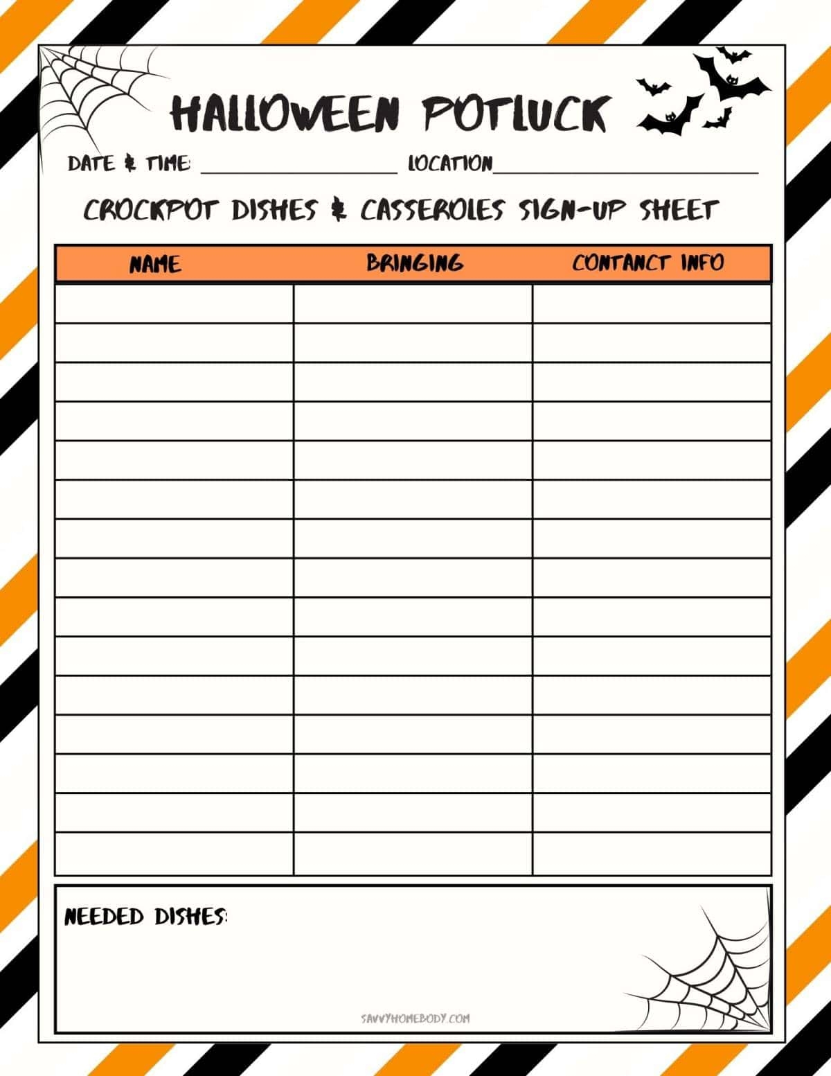 Printable Halloween Potluck Sign Up Sheet