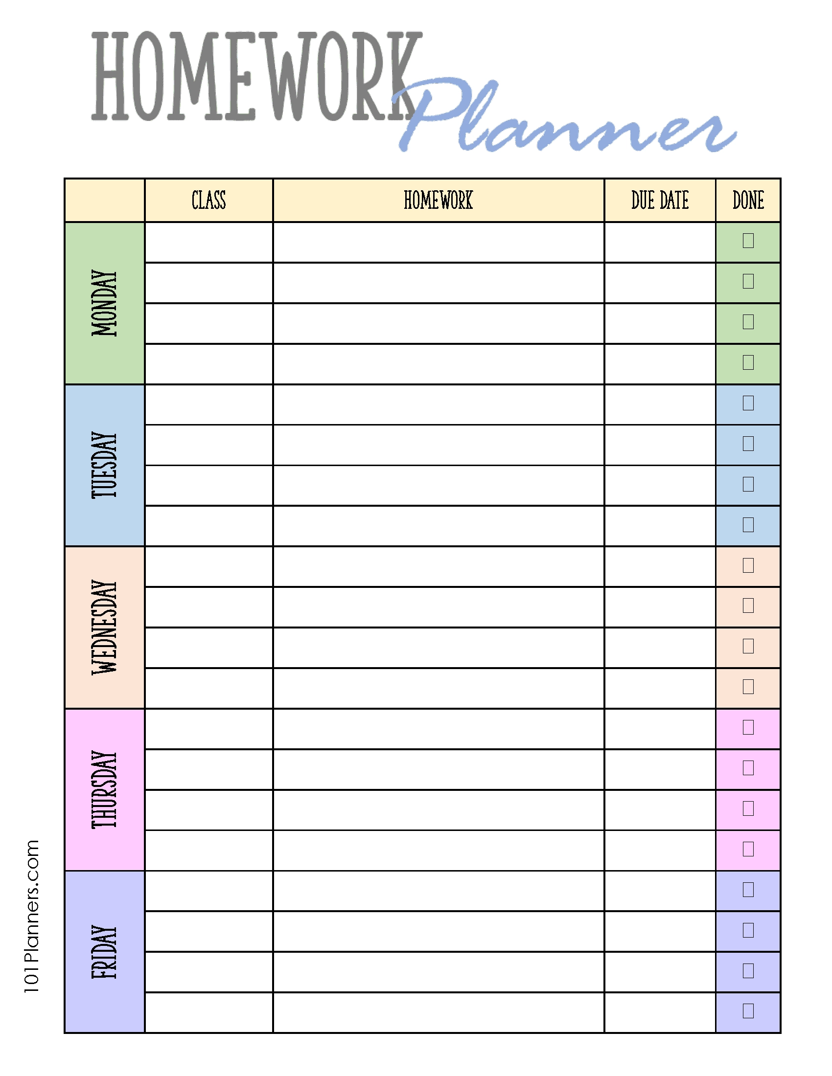 Free Printable Weekly Homework Assignment Sheet