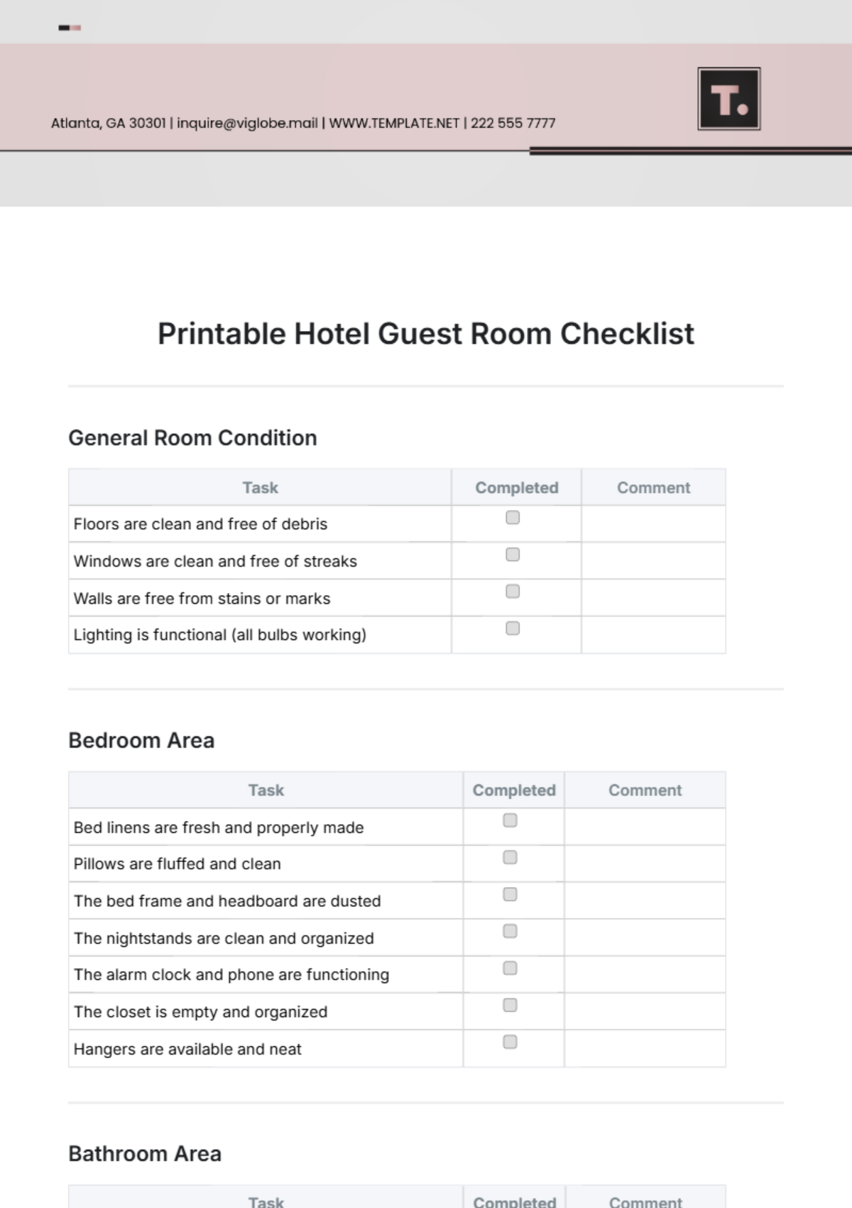 Free Printable Hotel Guest Room Checklist Template To Edit Online