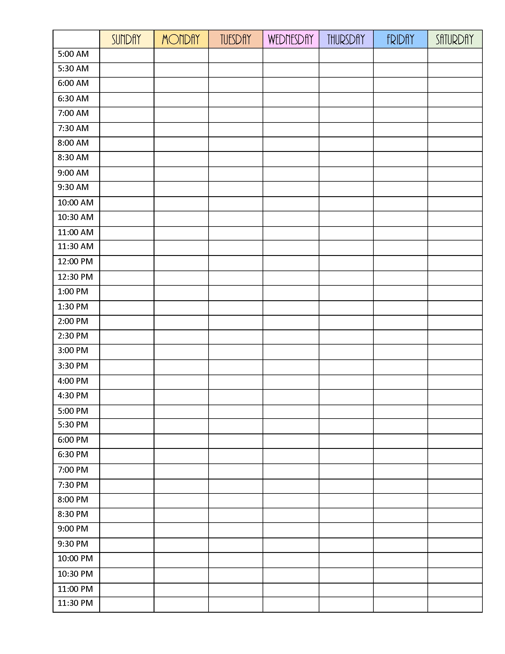 Hourly Weekly Schedule Printable