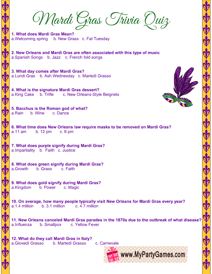 Free Printable Mardi Gras Trivia Answers