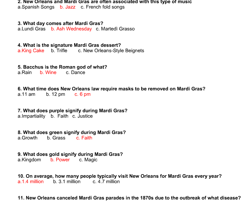 Free Printable Mardi Gras Trivia Quiz With Answer Key