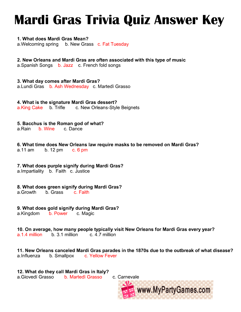 Free Printable Mardi Gras Trivia Quiz With Answer Key