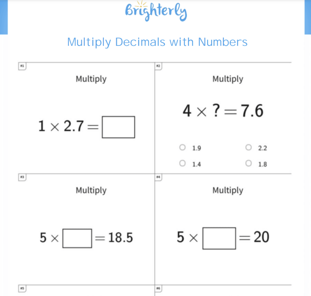 5th Grade Multiplaying Decimals Quiz Printable