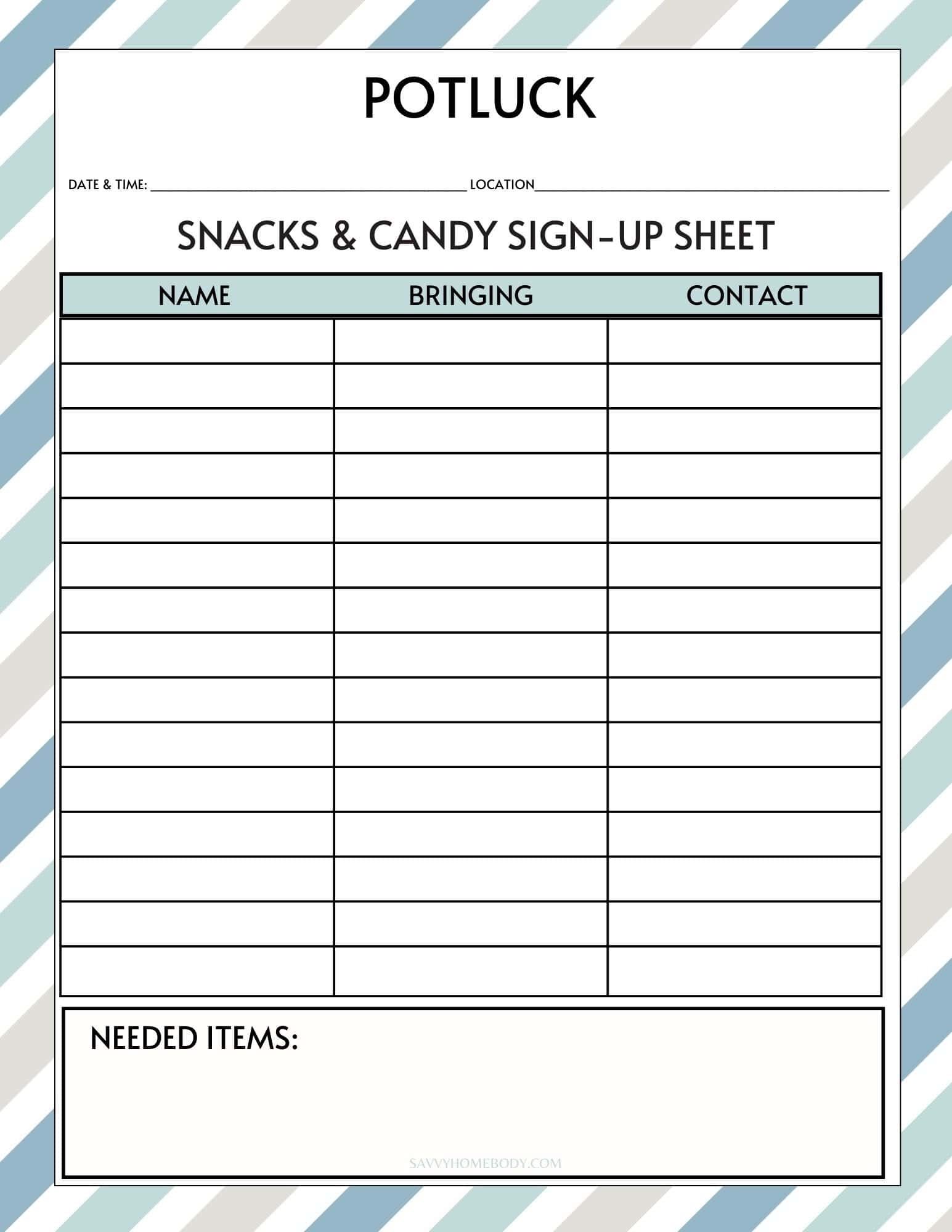 Printable Sign Up Sheet For Snacks