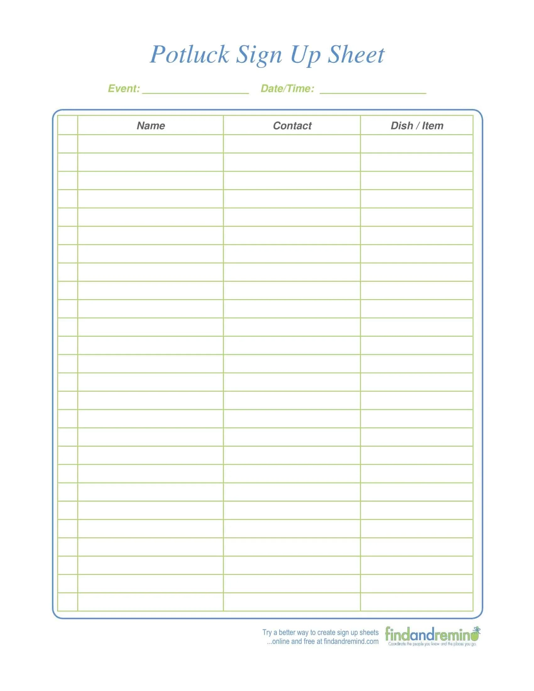 Free Printable Potluck Signup Sheet Templates PDF Word Excel 