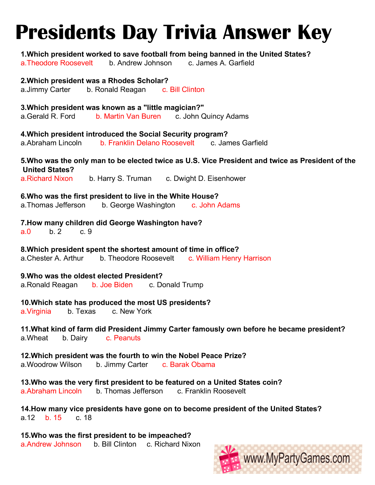 President Trivia Questions And Answers Printable