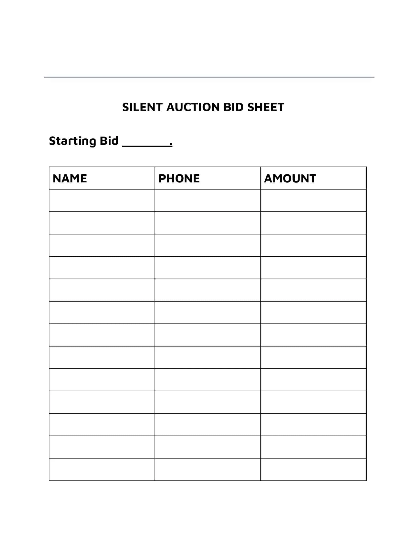 Free Printable Silent Auction Bid Sheet Templates PDF Examples Ideas