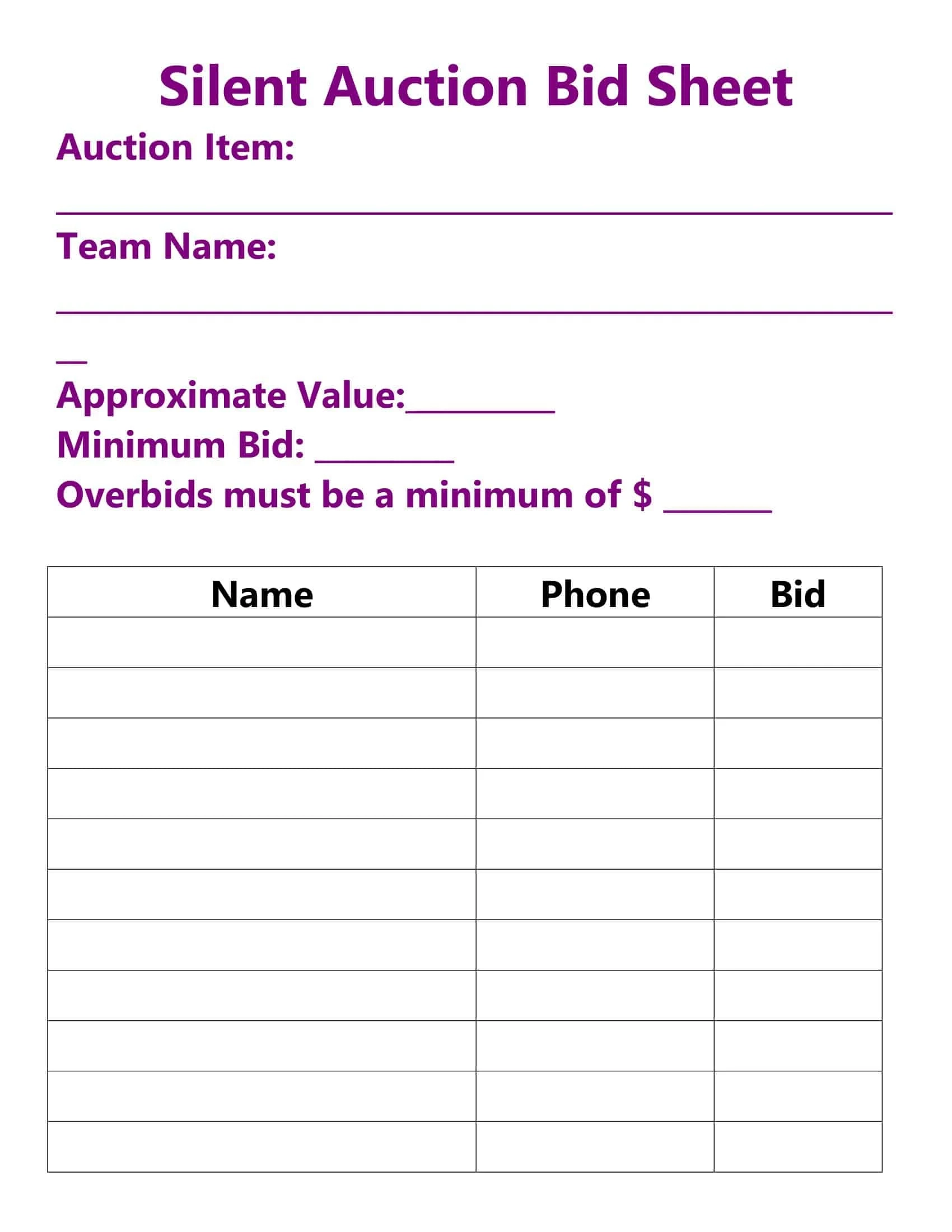 Free Printable Auction Bid Sheets