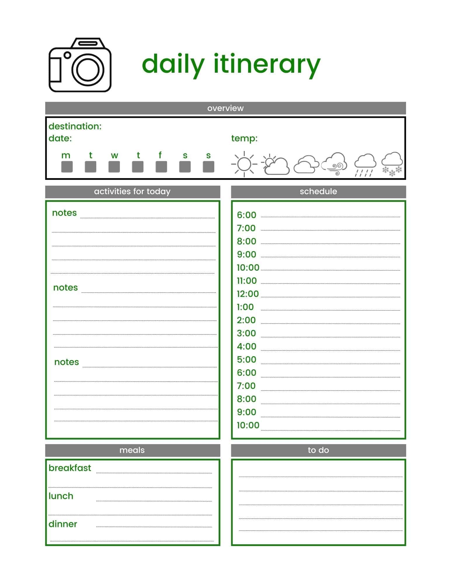 Travel Itinerary Planner Printable