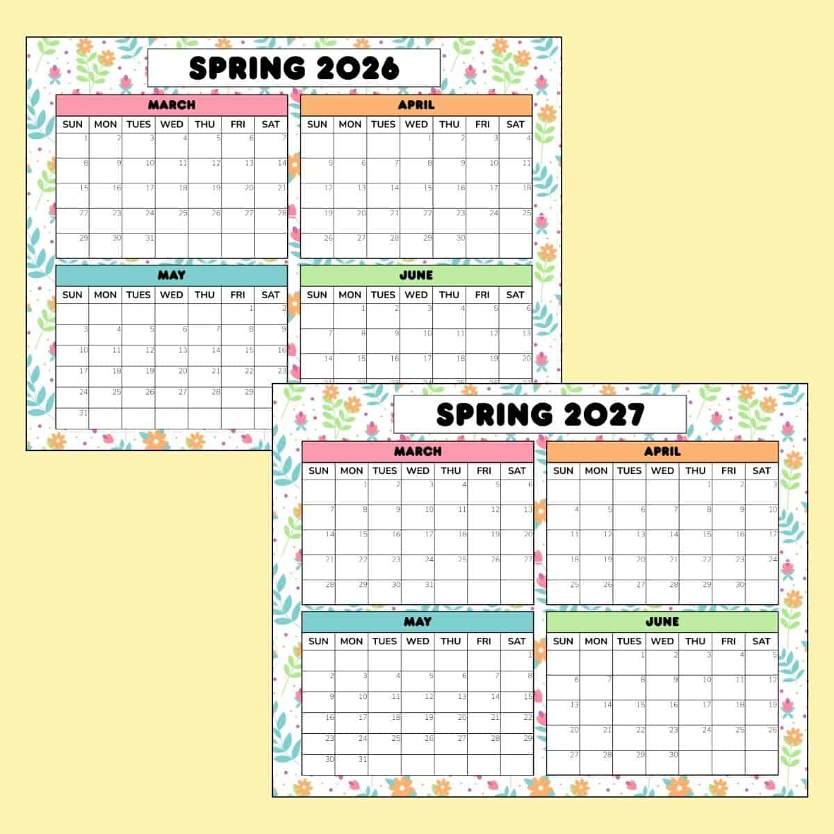 Free Spring Calendar Printable 2026 2027 PDF