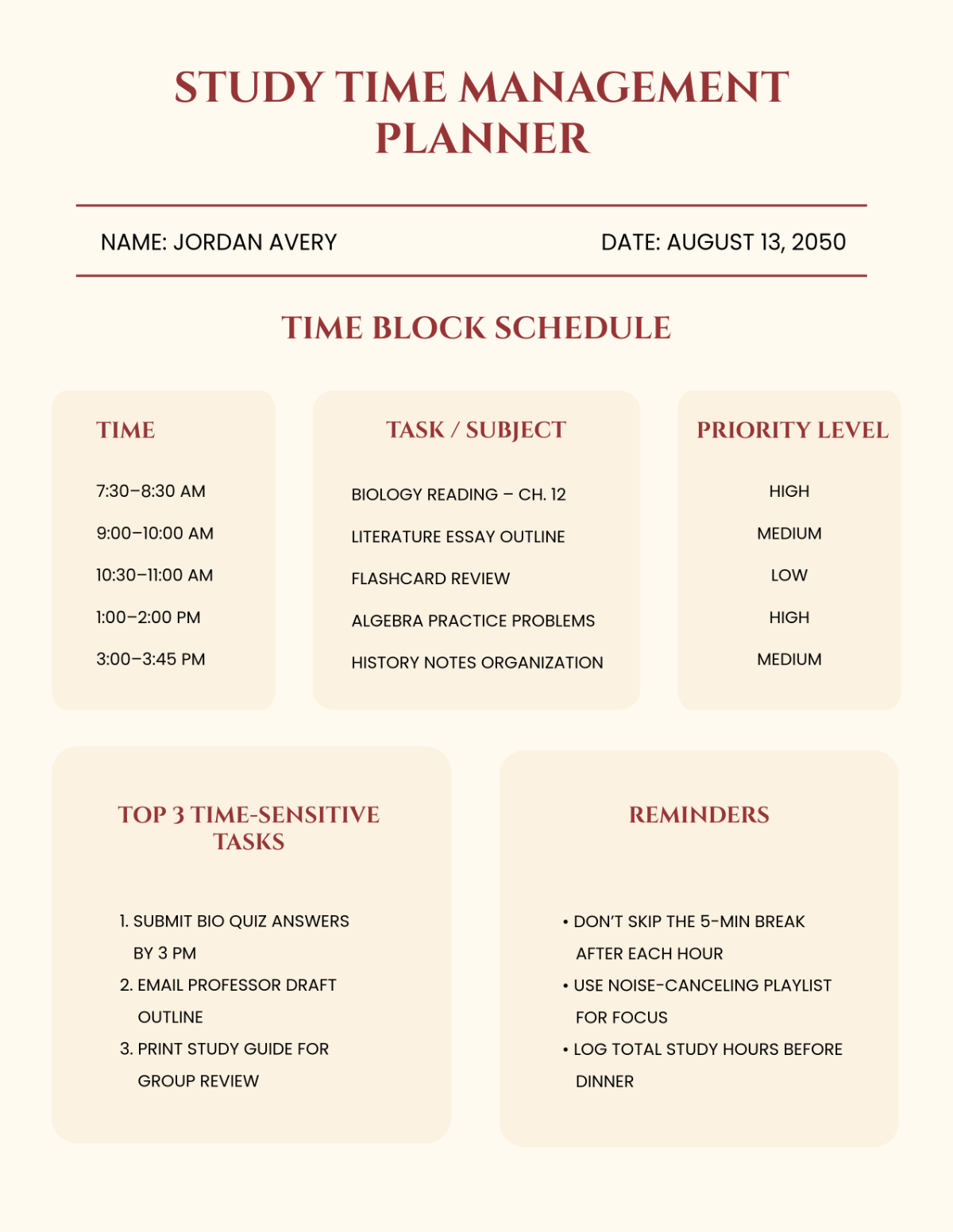 Printable Time Management Quiz