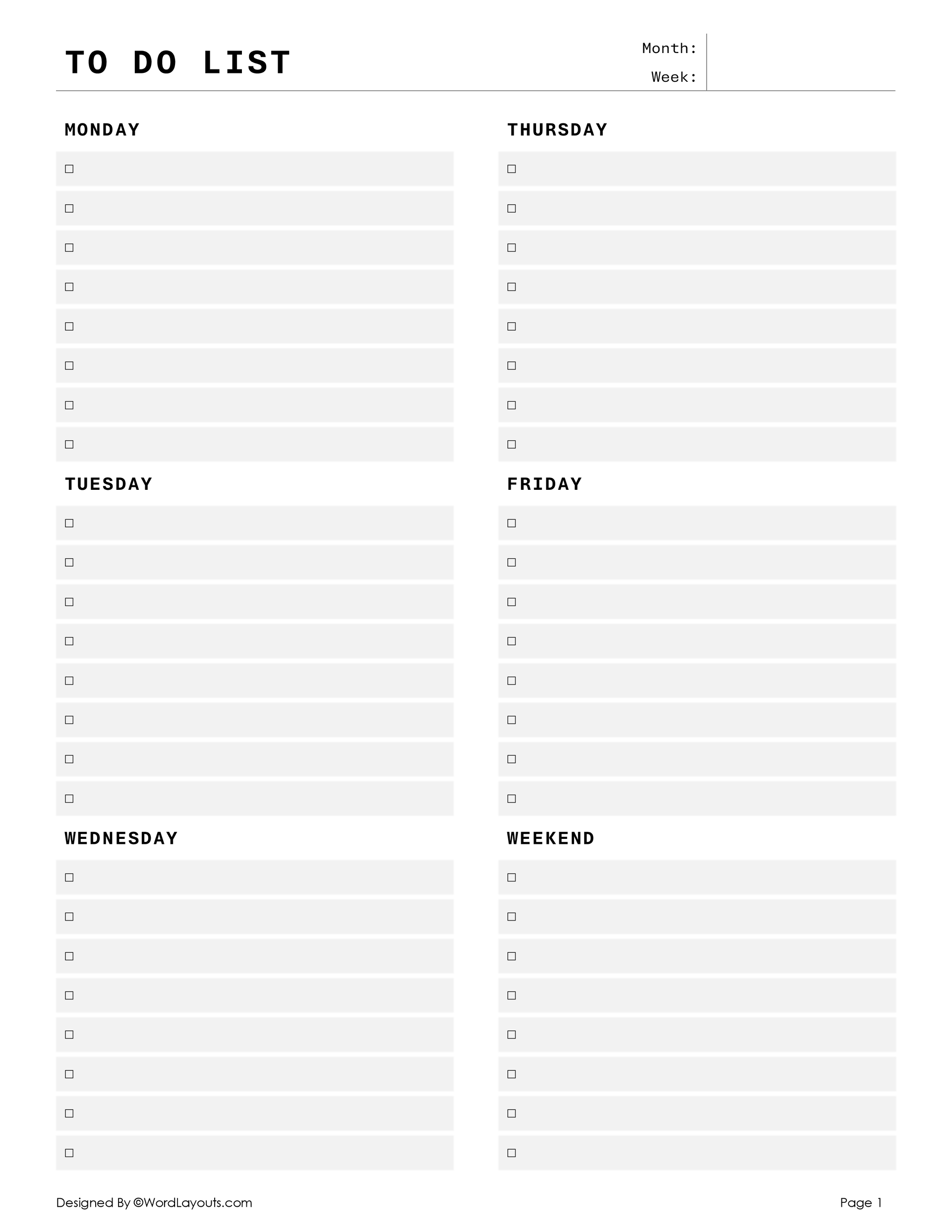 Vertical Layout Weekly To-Do List Printable