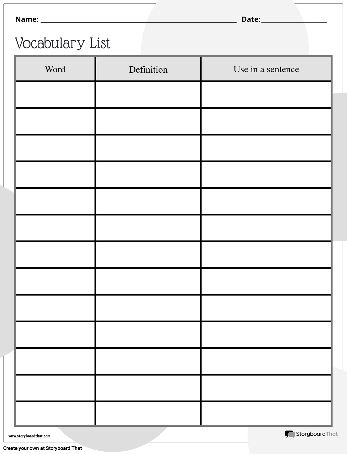 Printable Blank Vocabulary Chart