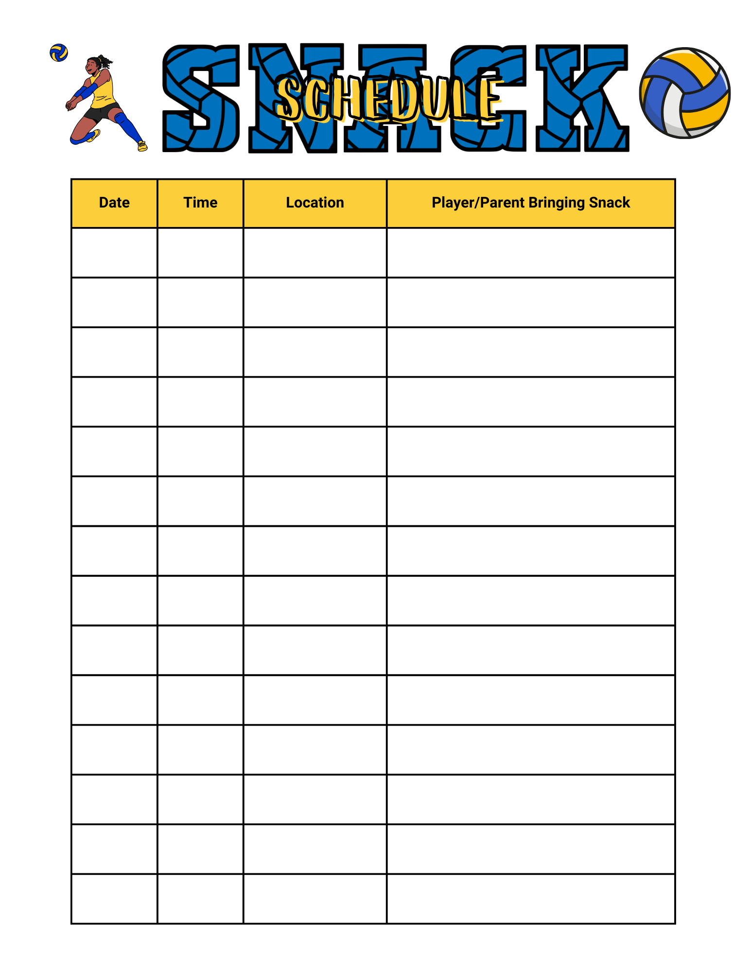 FREE Volleyball Snack Sign Up Sheet Printable Instant Download 