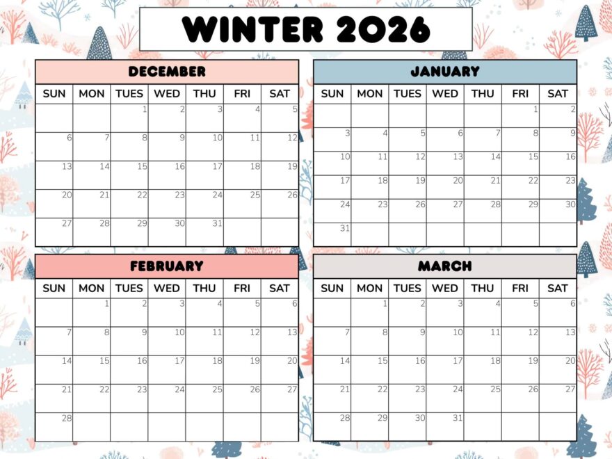 Free Winter Calendar Printable 2025 2026 PDF