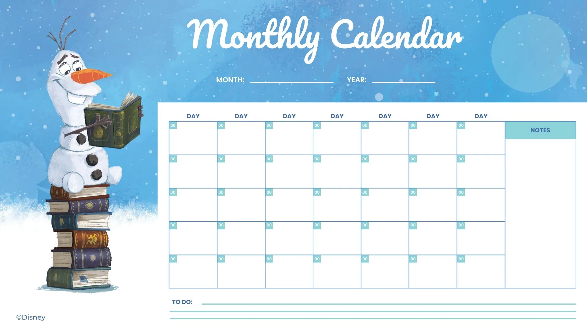 FREEBIE Disney Frozen Olaf PDF Printable Monthly Calendar Plannerologystudio
