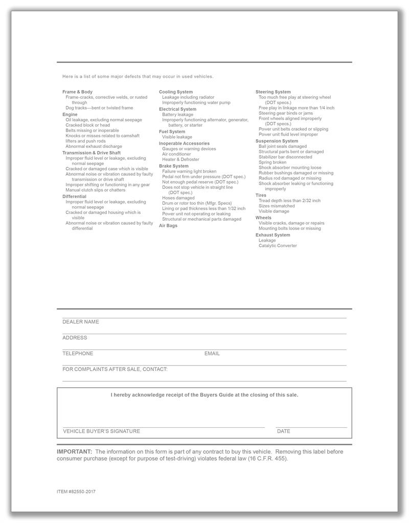 FTC Buyers Guide Backer Exterior FTC Buyers Guide FTC Form FTC Window Sticker Exterior FTC Sticker Exterior FTC Window Sticker