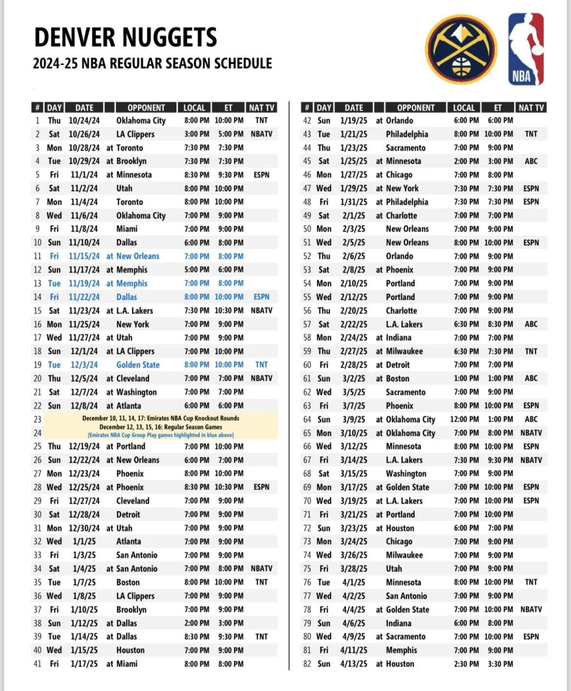Full 2024 25 Schedule W National TV Games R denvernuggets