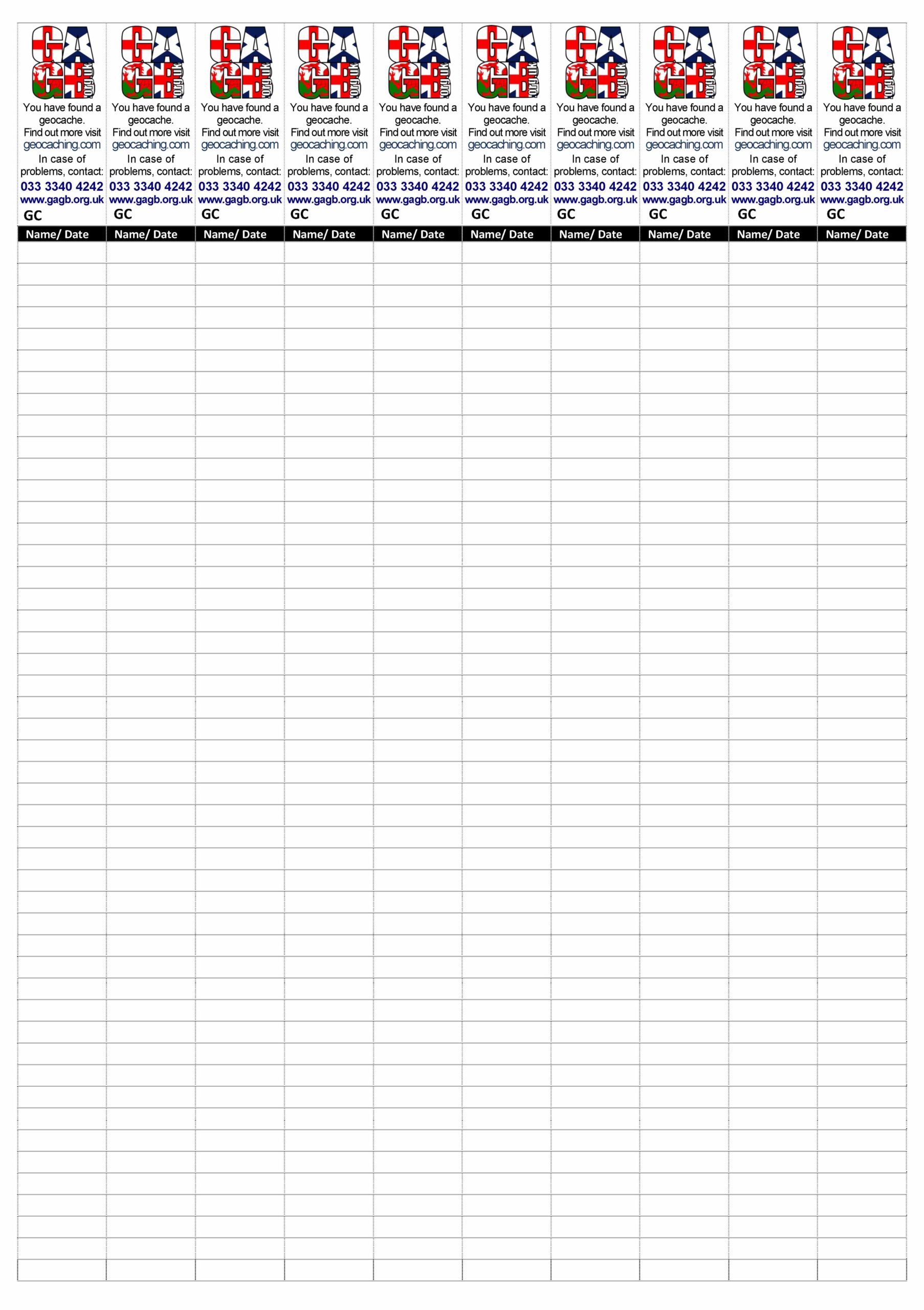 GAGB Free Downloadable Geocache Logbooks