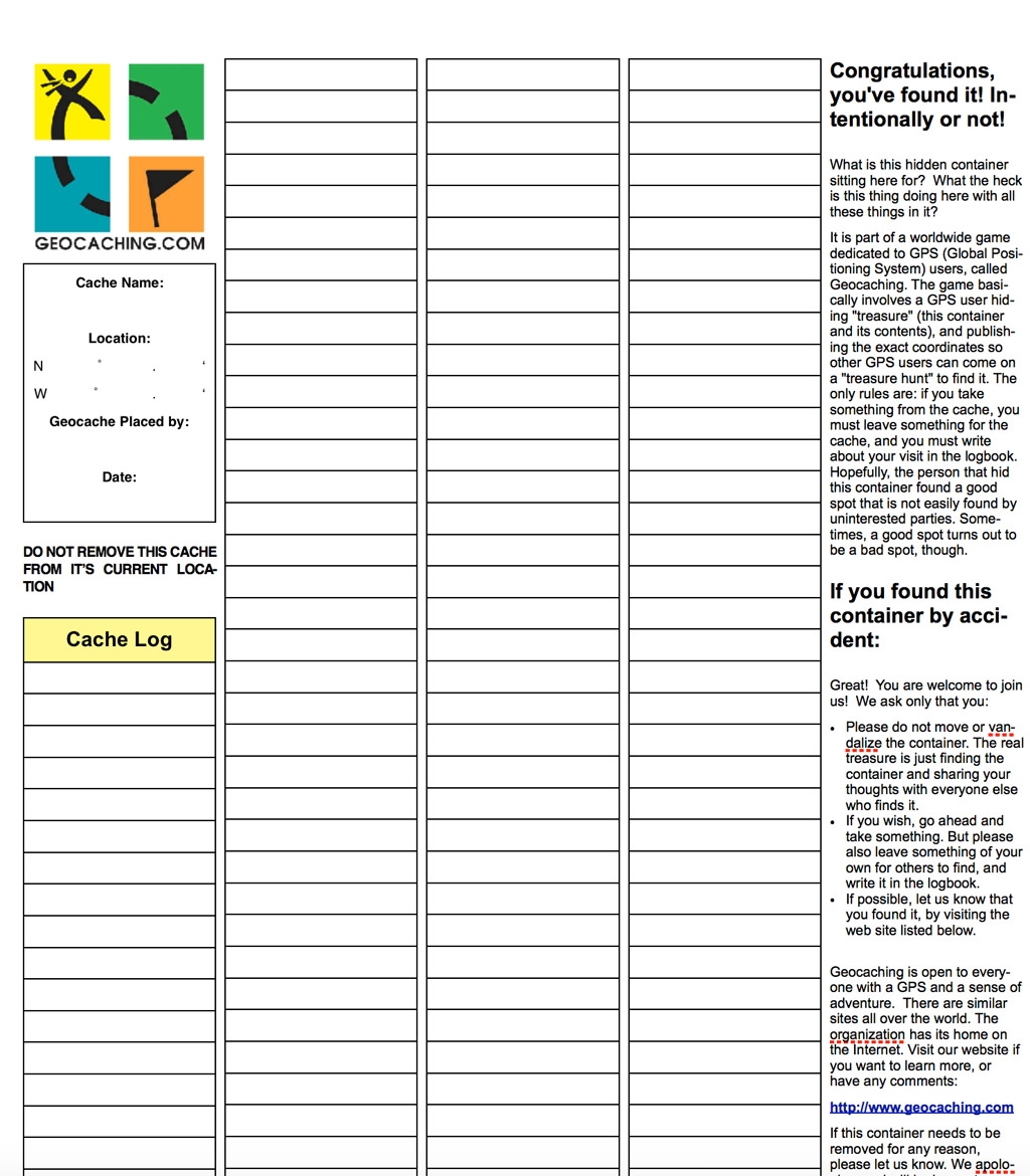 Printable Geocache Log Sheets