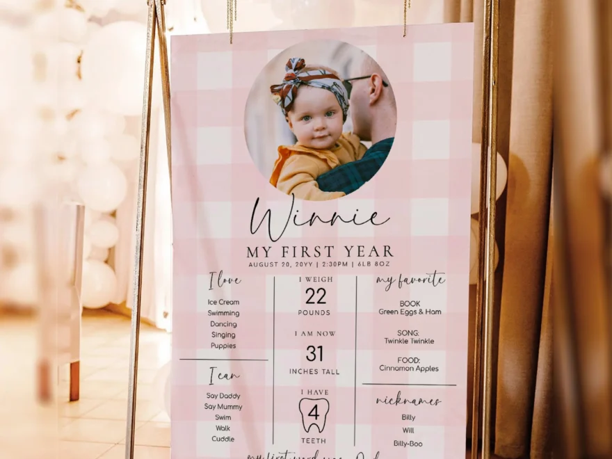 Gingham Pink Printable First Birthday Milestone Sign Template Black Bow Studio