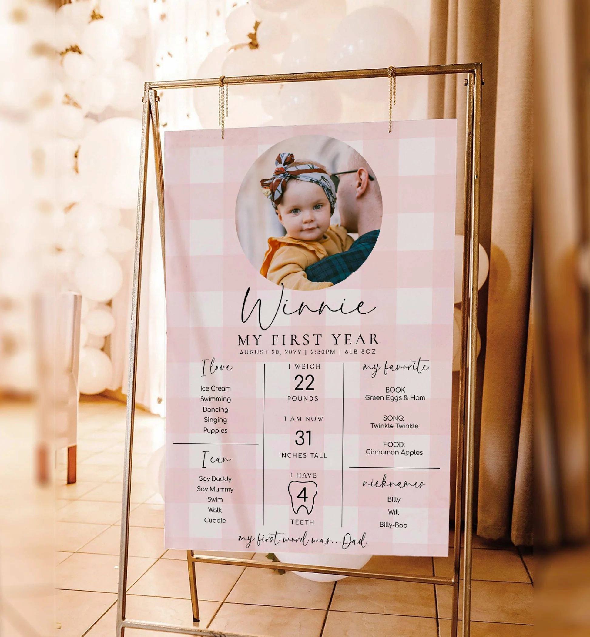 Gingham Pink Printable First Birthday Milestone Sign Template Black Bow Studio