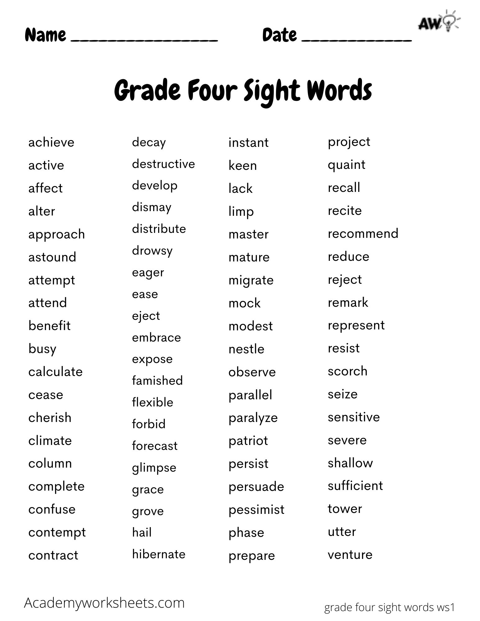 Sight Word List 4th Grade Printable