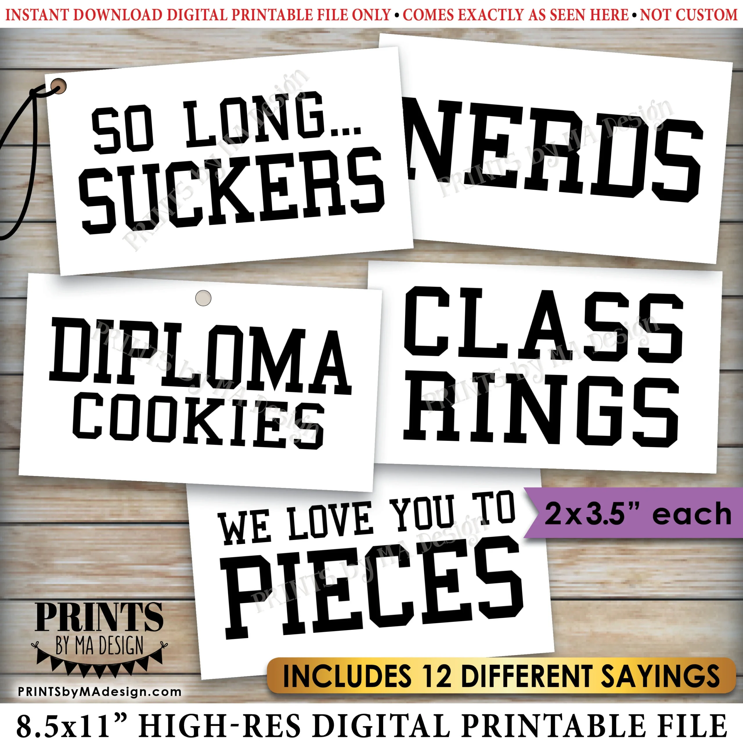 Graduation Party Candy Signs Candy Bar Candy Buffet Smartie Cookie Class Ring Nerds Worms 2x3 5 Cards On PRINTABLE 8 5x11 Sheet