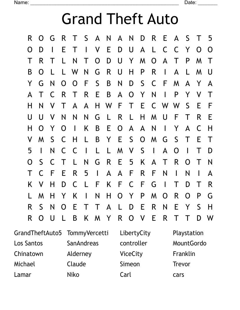 Grand Theft Auto Word Search WordMint