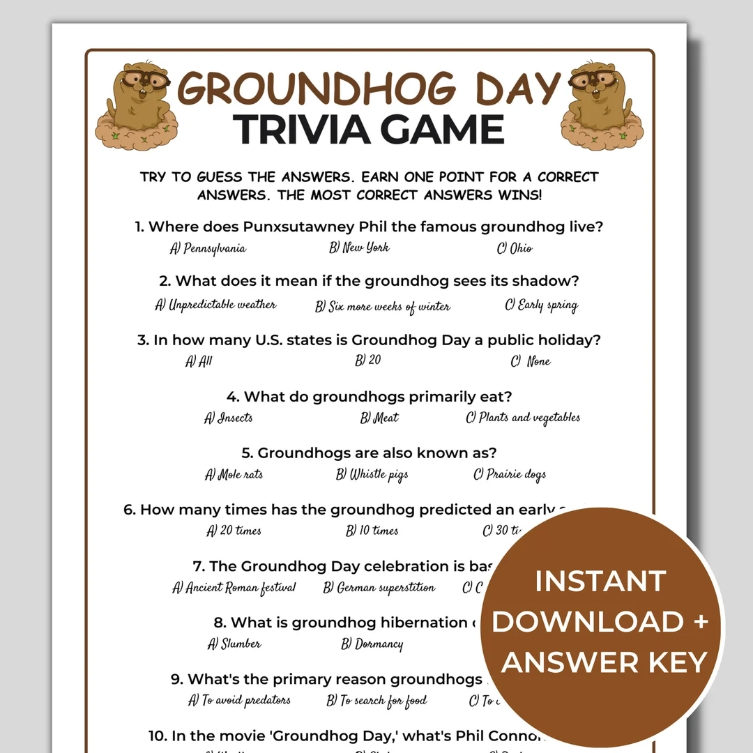 Groundhog Day Trivia Game Printable Groundhog Day Activity Fun Groundhog Day Game For Kids And Adults Etsy New Zealand Groundhog Day Trivia Game Printable Groundhog Day Activity Fun Groundhog Day Game For Kids And Adults Etsy New Zealand