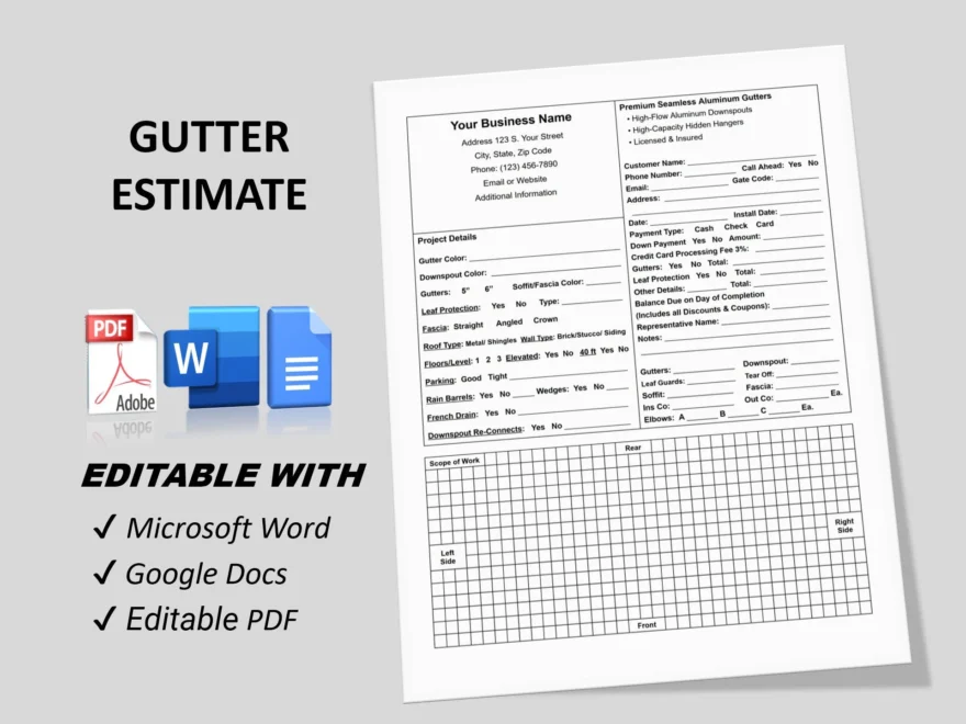 Gutter Estimate Rain Gutter Installation Quote Grid Drawing Area Rain Guttering Estimate Template MS Word Fillable PDF Etsy