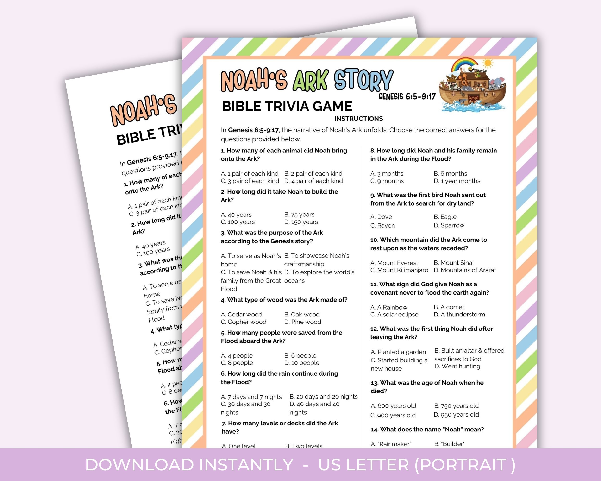 Handmade Supplies Digital Files Templates Noah s Ark Bible Trivia Game Printable