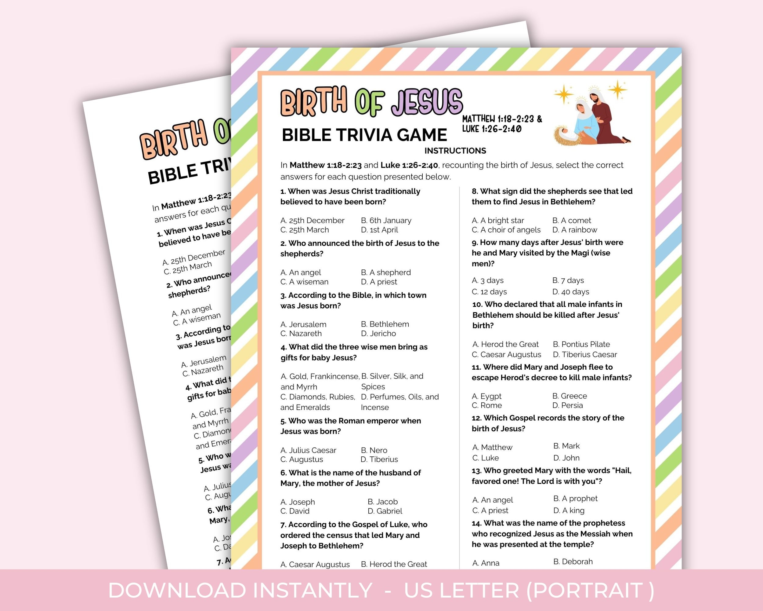 Handmade Supplies Digital Files Templates The Birth Of Jesus Story Trivia Game Printable