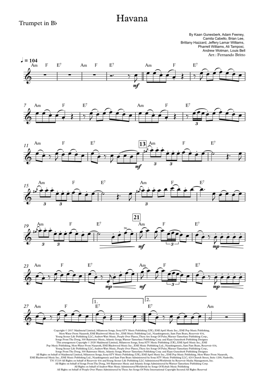 Havana Sheet Music For Clarinet Printable
