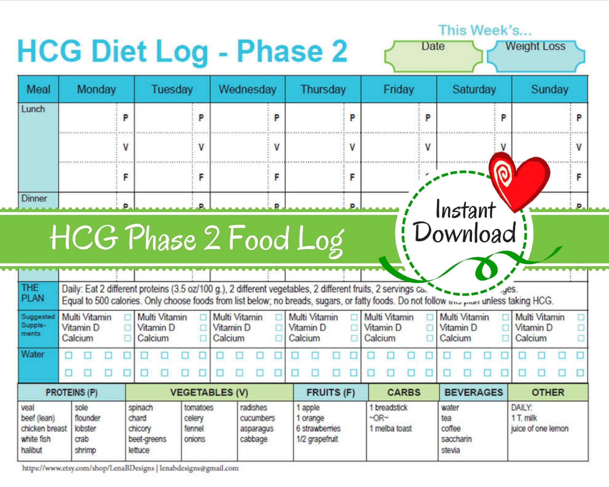 HCG Weekly Phase 2 Food Tracker Weight Loss Journal Diet Log Weight Loss Diary Diet Log Phase 2 Food List VLCD Dr Simeons Etsy