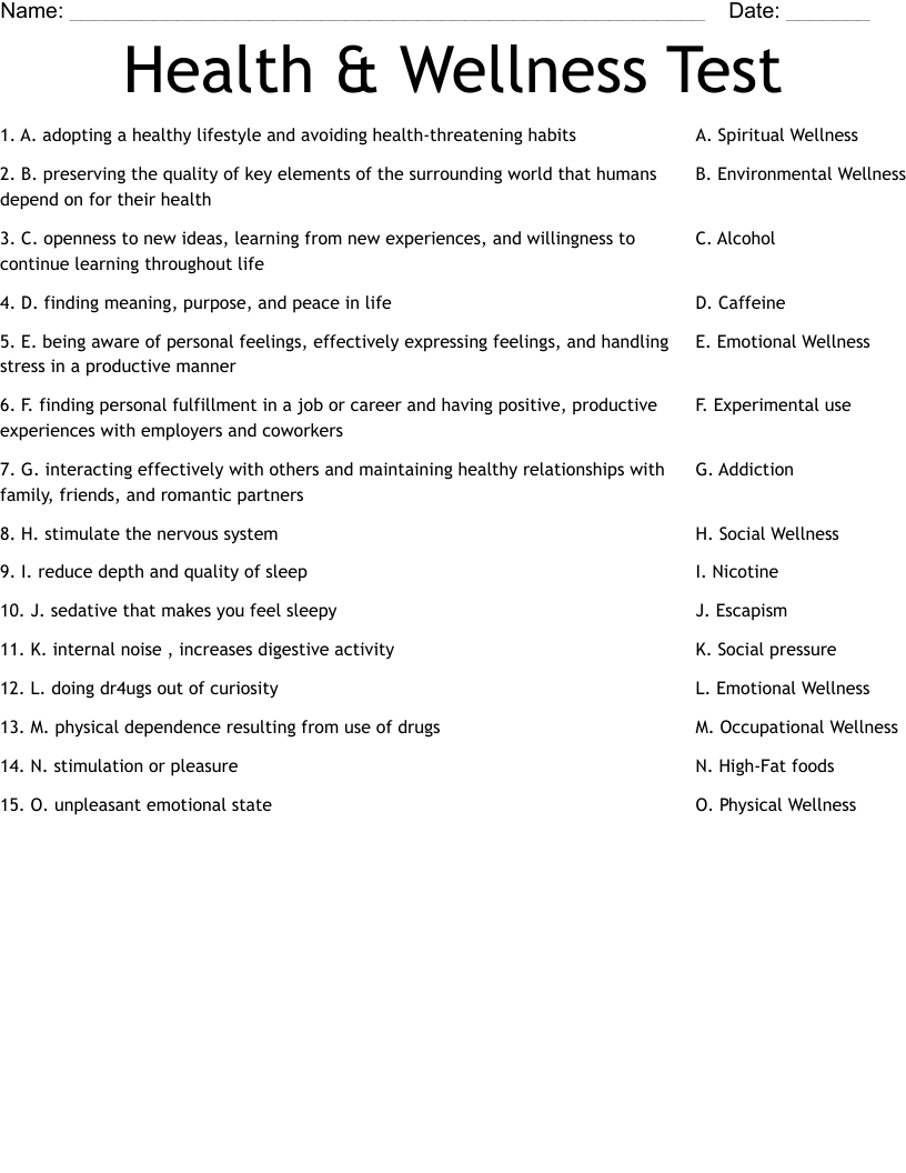 Health Wellness Test Worksheet WordMint