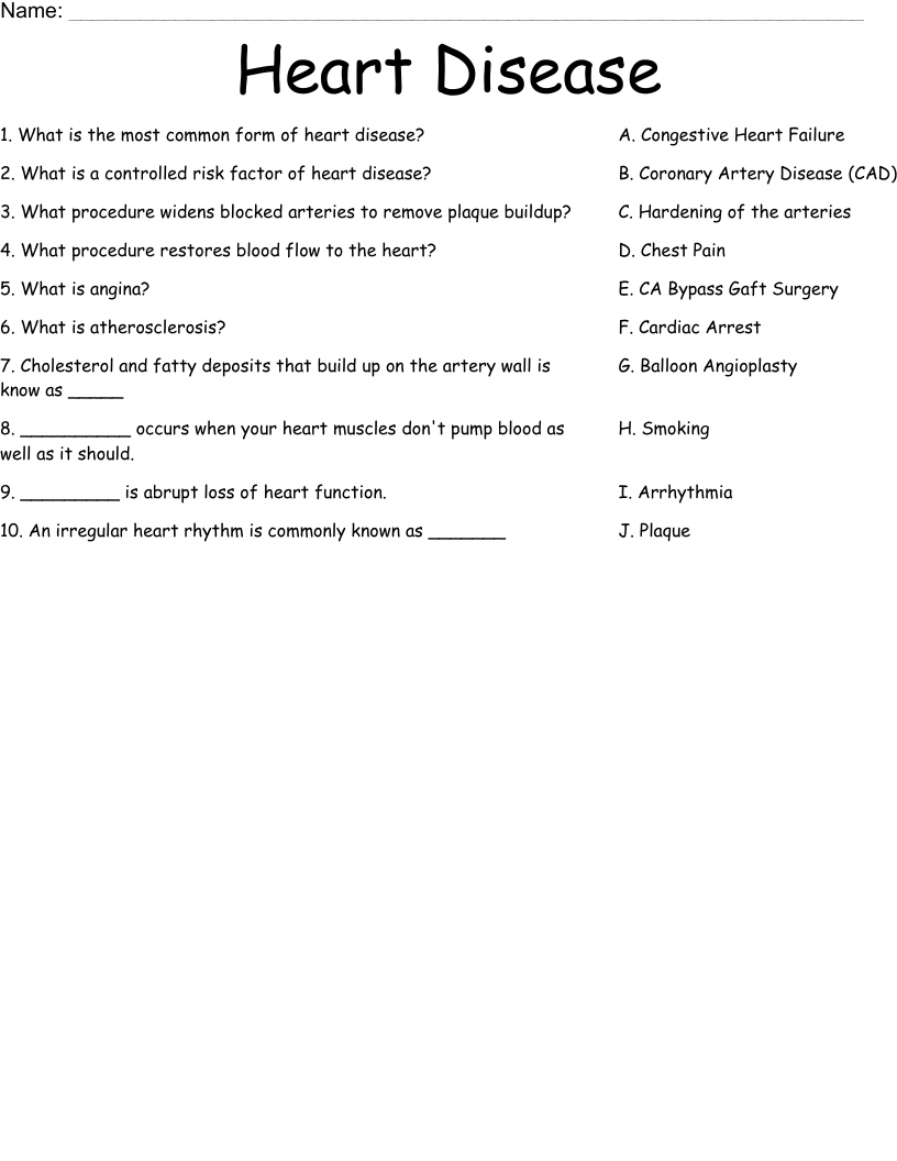 Heart Disease Worksheet WordMint