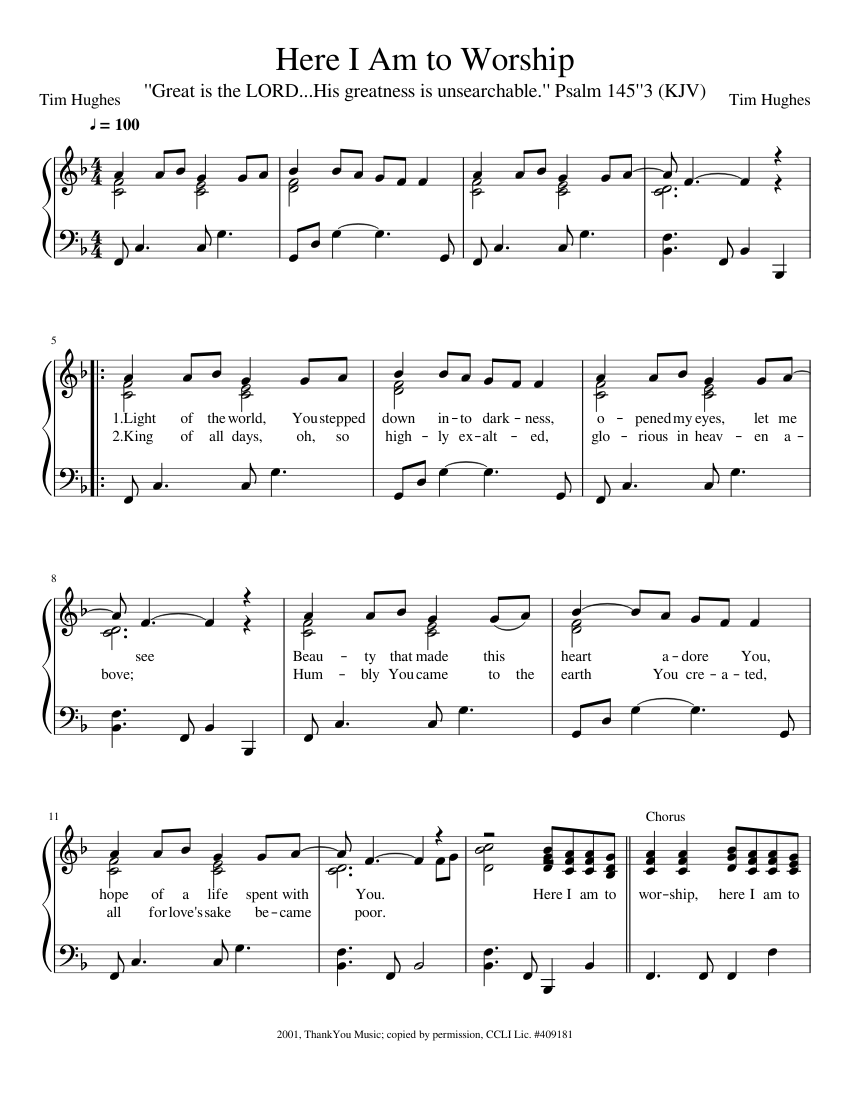 Here I Am To Worship Sheet Music For Piano Solo Easy MuseScore