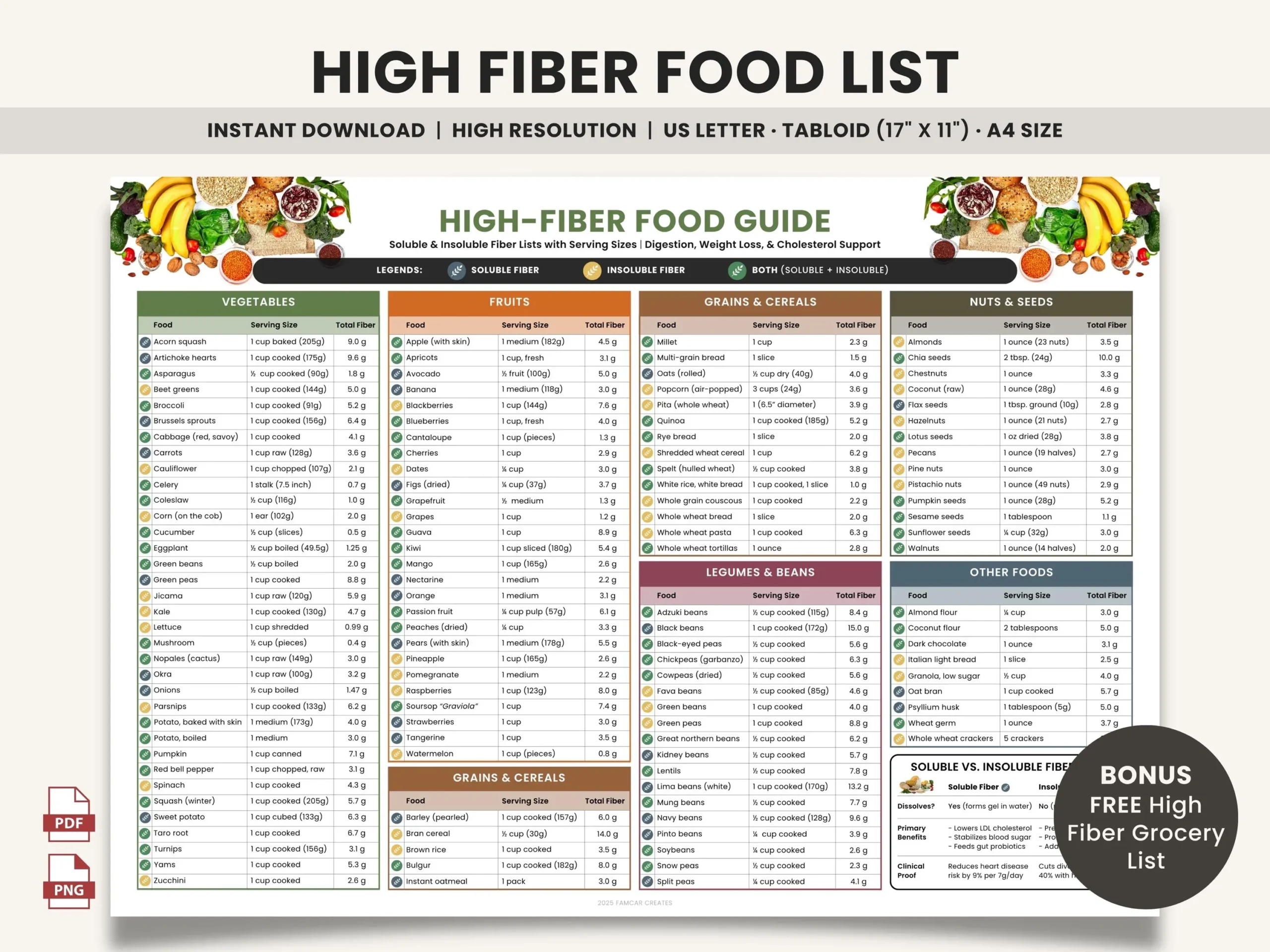 High Fiber Food List Printable Soluble Fiber Insoluble Fiber Chart Fiber rich Grocery List Fiber Diet Nutrition Poster For Gut Health Etsy