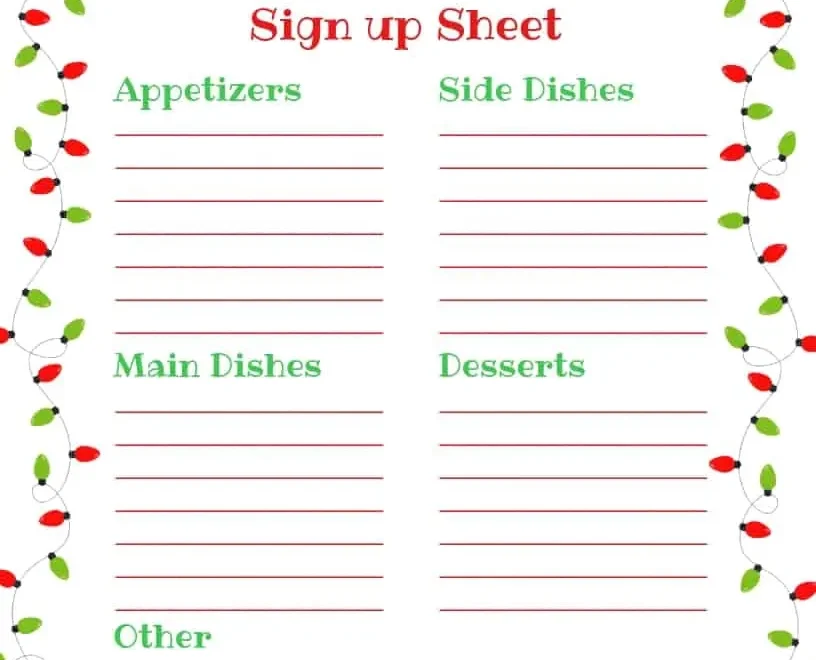 Holiday Potluck Sign Up Sheet