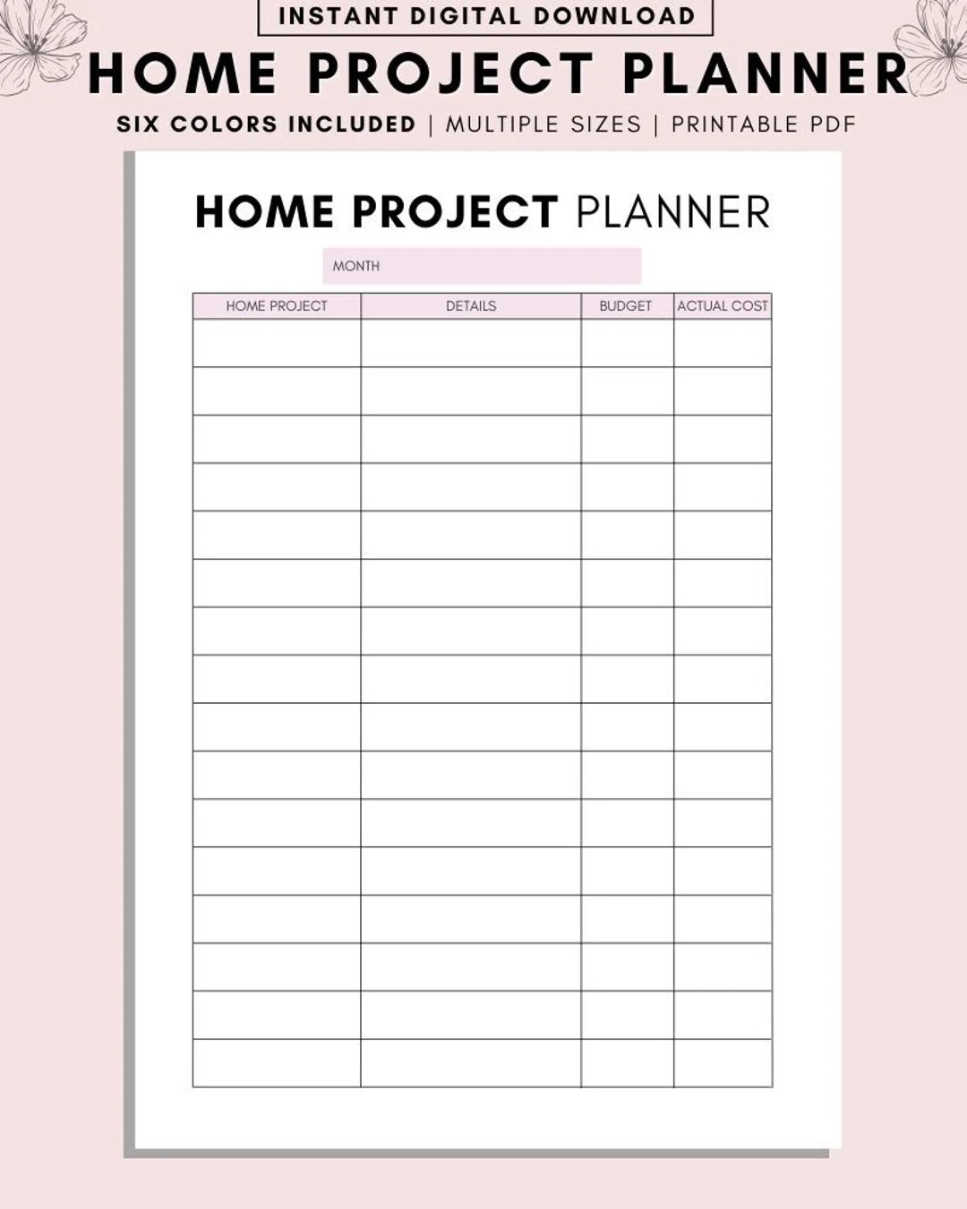Home Project Planner Printable Renovation Budget Template digital Download Etsy