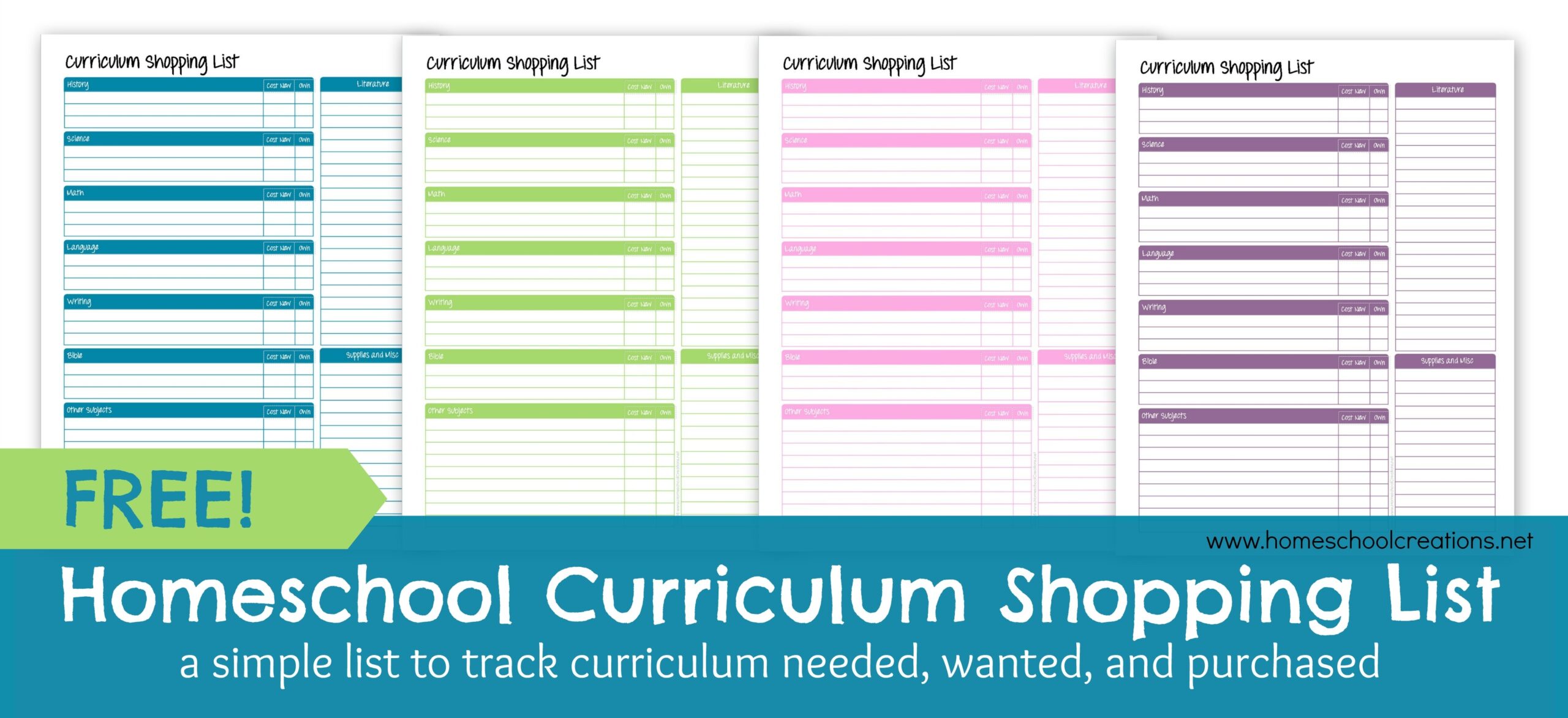 Homeschool Curriculum Shopping List Free Printable