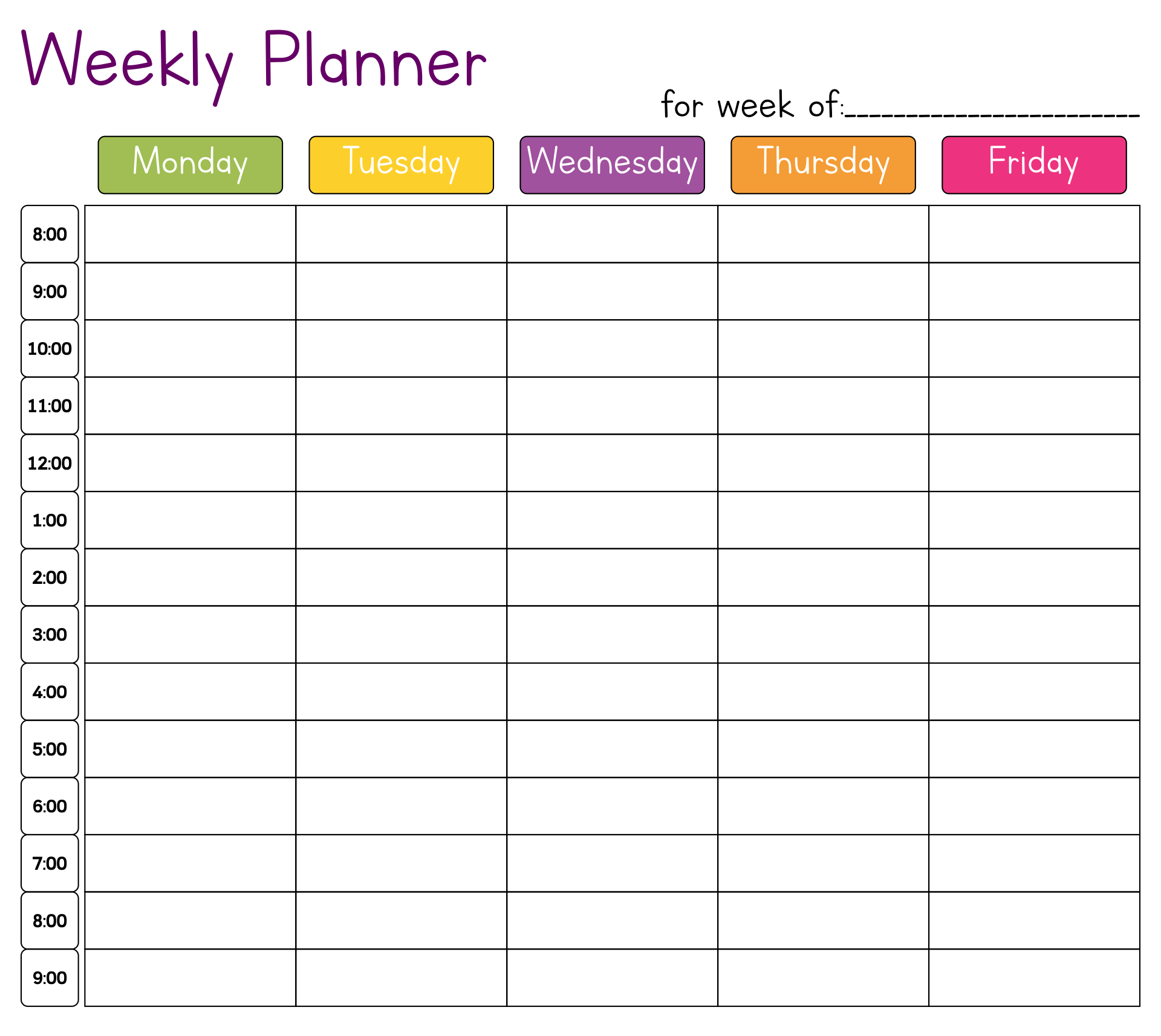 Weekly Schedule Printable By Hour