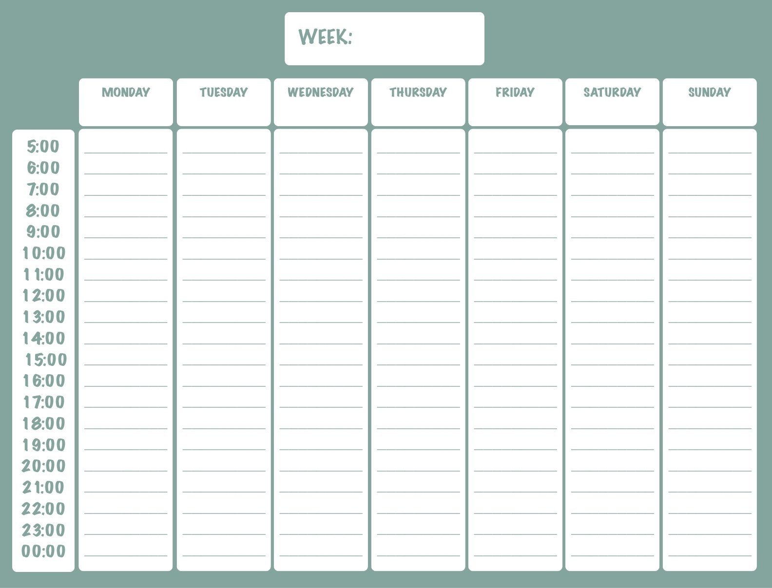 Free Printable 12am-12pm Weekly Planner Sheet